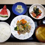 きょうのお昼ごはんは、豚肉と根菜の炒め煮、和え物、しそチーズ奴、みそ汁、果物でした。