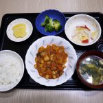 きょうのお昼ごはんは、ポークビーンズ・りんごと大根のサラダ・花野菜・みそ汁・くだものでした。