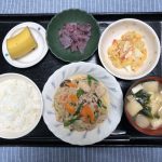 きょうのお昼ごはんは、肉野菜炒め、マカロニサラダ、ゆかり大根、みそ汁、くだものでした。