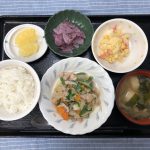 きょうのお昼ごはんは、肉野菜炒め、マカロニサラダ、ゆかり大根、みそ汁、くだものでした。