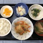 きのうのお昼ごはんは、鮭のチャンチャン焼き・里芋とほうれん草のごま和え・りんごと大根のサラダ・みそ汁・くだものでした。