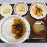 きょうのお昼ごはんは、夏野菜カレー・カラフルサラダ・ねぎ塩奴・みそ汁・くだものでした。