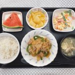 きょうのお昼ごはんは、豚肉とピーマンの炒め物、ﾏｶﾛﾆｻﾗﾀﾞ、オレンジ煮　みそ汁、果物でした。