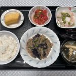 8月5日土曜日　きょうのお昼ごはんは、和風麻婆なす・トマトとみょうがのサラダ・あんかけ奴・みそ汁・くだものでした。